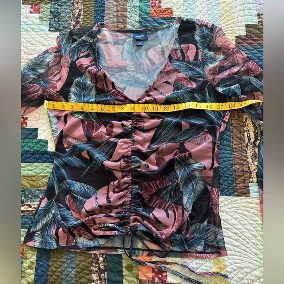 Daytrip Womens Long Sleeve Adjustable Top Medium Pink Navy Sheer Floral - Picture 6 of 10